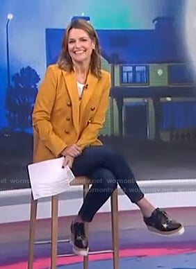 Savannah's orange double breasted blazer and platform shoes on Today