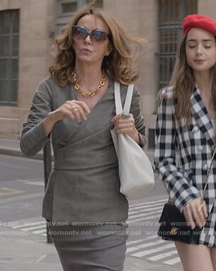 Sylvie's gray suede wrap jacket on Emily in Paris