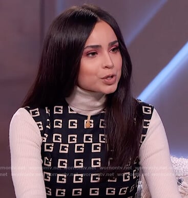 Sofia Carson's black Gucci logo vest and pants on The Kelly Clarkson Show