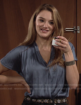 Summer's blue satin wrap top on The Young and the Restless