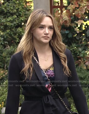 Summer's navy wrap blazer on The Young and the Restless