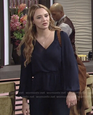 Summer's navy wrap blouse on The Young and the Restless