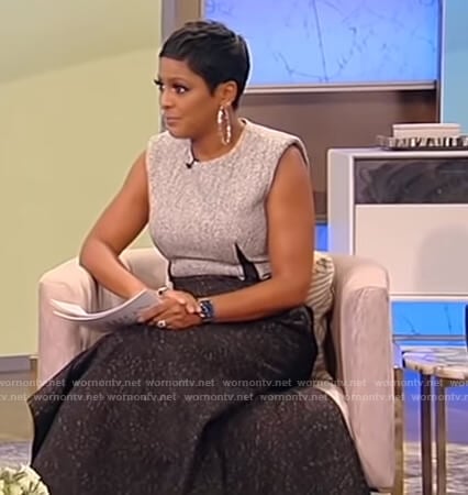 Tamron's black and gray sleeveless knit dress on Tamron Hall Show
