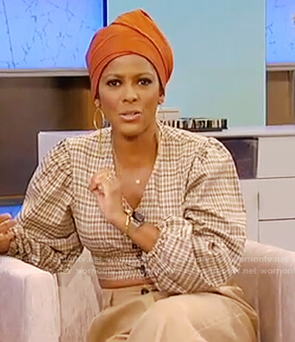 Tamron's check puff blouse on Tamron Hall Show