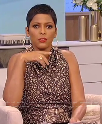 Tamron's black floral fringe trim dress on Tamron Hall Show