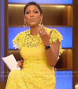 Tamron's yellow floral lace dress on Tamron Hall Show