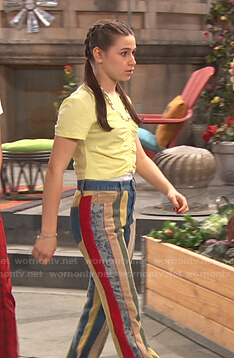 Tess's yellow top and striped patchwork pants on Ravens Home