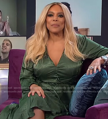 Wendy's green satin wrap dress on The Wendy Williams Show