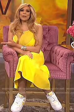 Wendy's yellow sleeveless mesh inset dress on The Wendy Williams Show