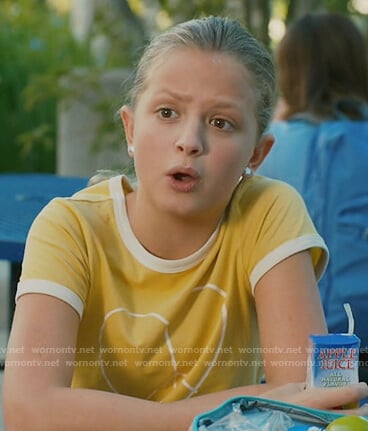 Anna's yellow heart ringer tee on American Housewife