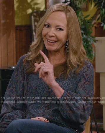 Bonnie's blue snakeskin print blouse on Mom