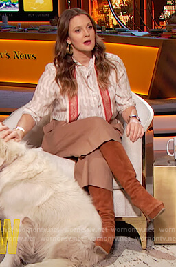 Drew's white tie neck blouse on The Drew Barrymore Show