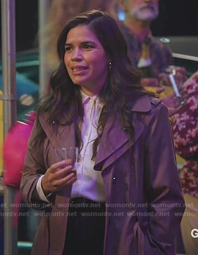 Amy's pink hooded trench coat on Superstore