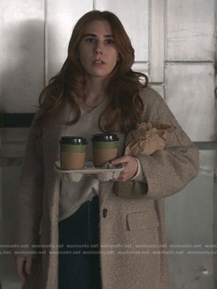 Annie's boucle coat on The Flight Attendant