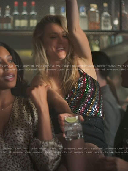 Cassie's rainbow striped sequin cami on The Flight Attendant