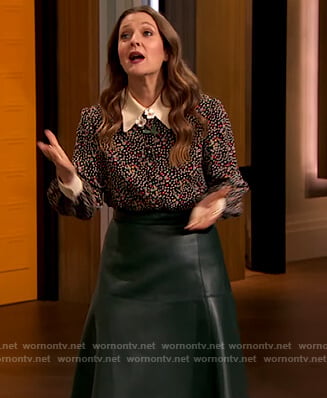 Drew's black contrast floral blouse on The Drew Barrymore Show