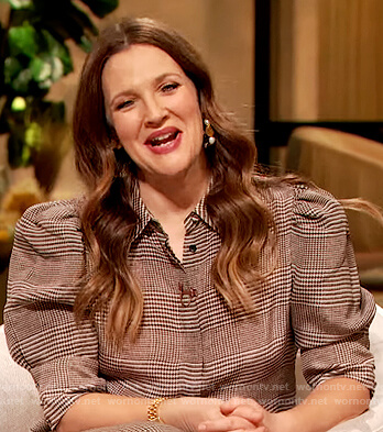 Drew's plaid puff top and pants on The Drew Barrymore Show