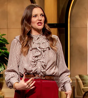 Drew's white polka dot ruffle blouse on The Drew Barrymore Show