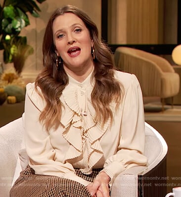 Drew's cream ruffle front blouse on The Drew Barrymore Show