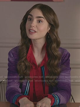 Emily's red ruffle tie neck blouse on Emily in Paris