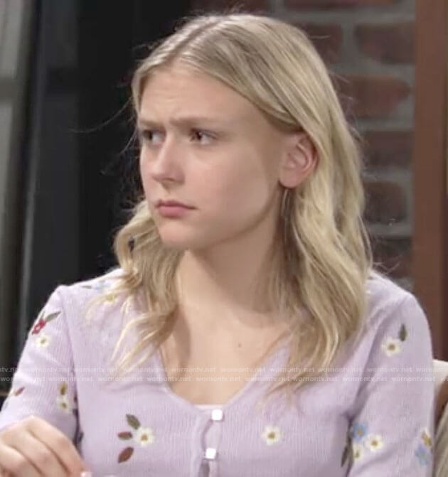 Faith's purple floral embroidered cardigan on The Young and the Restless