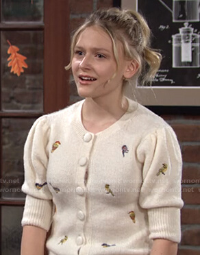Faith's white bird embroidered cardigan on The Young and the Restless