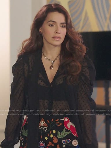 Ginger's sheer black dotted blouse and embroidered skirt on Filthy Rich