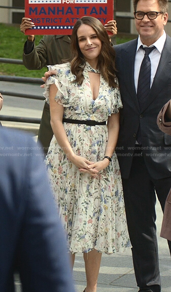 Izzy's white floral ruffle midi dress on Bull