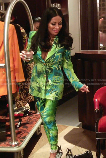 Jen's green tropical print blazer and leggings on The Real Housewives of Salt Lake City