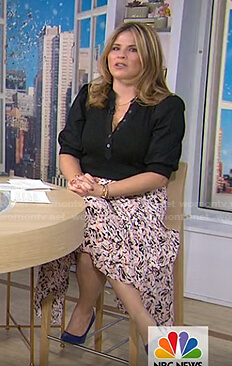 Jenna's black puff sleeve top and pink abstract print skirt on Today