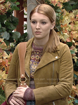 Jordan's floral sweater and suede moto jacket on The Young and the Restless