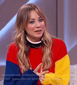 Kayley Cuoco's colorblock sweater and striped skirt on The Kelly Clarkson Show