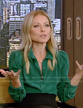 Kelly's green blouse and black pencil skirt on Live with Kelly and Ryan