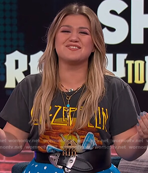 Kelly's black Led Zeppelin tee and polka dot skirt on The Kelly Clarkson Show