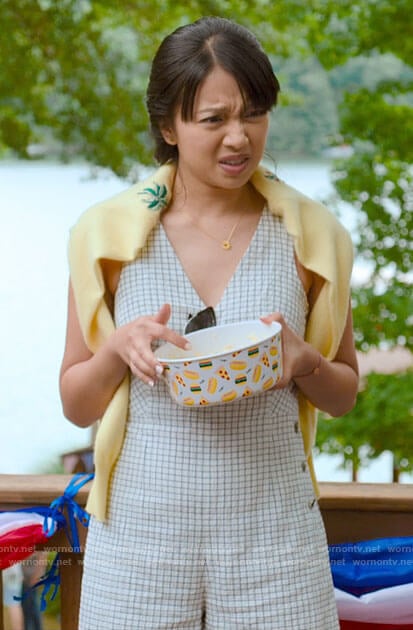 Liz's white checked romper on Holidate