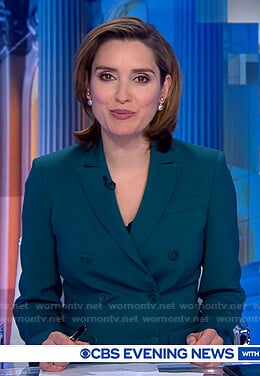 Margaret Brennan's teal double breasted blazer on CBS Evening News