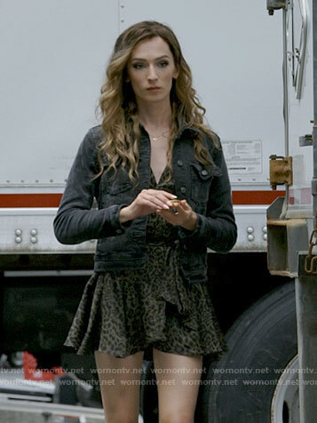 Jerrie's green leopard print dress and black denim jacket on Big Sky