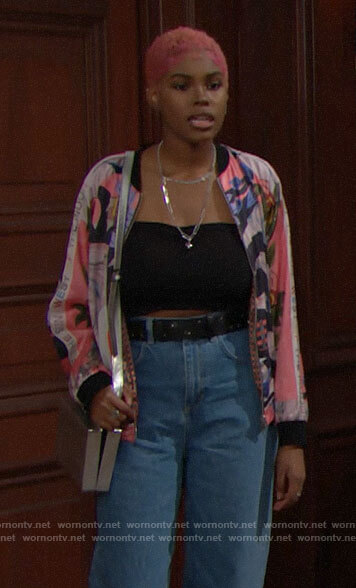 Paris's pink printed bomber jacket on The Bold and the Beautiful
