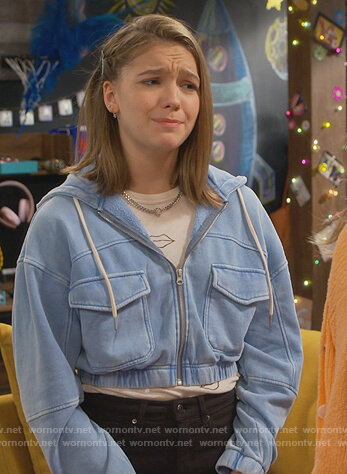 Presley's blue cropped sweatshirt on Side Hustle