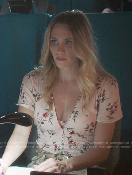 Rachel's pink floral crop top on Filthy Rich