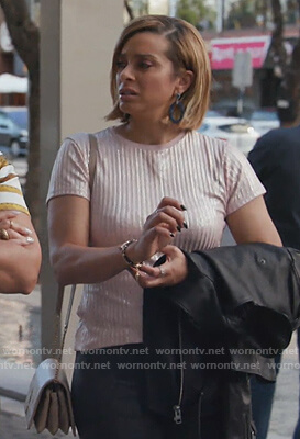Robyn's pink metallic stripe tee on The Real Housewives of Potomac