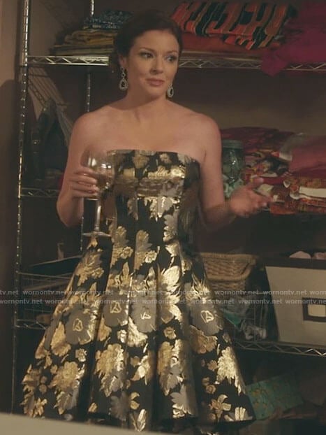 Rose's gold floral jacquard wedding dress on Filthy Rich