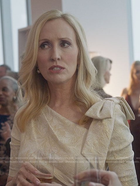 Sally's gold embroidered bow shoulder gown on The Undoing