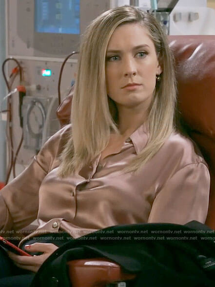 Samantha's satin button down blouse on B Positive