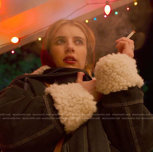 Sloan's oversized shearling trim jacket on Holidate