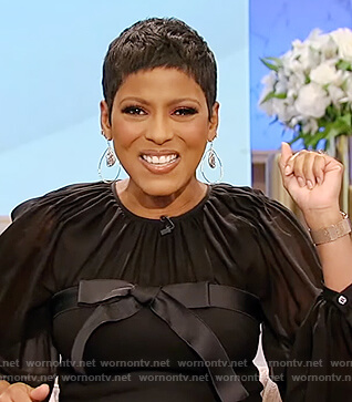 Tamron's black bow front dress on Tamron Hall Show