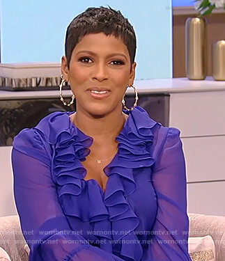 Tamron's blue sheer ruffle dress on Tamron Hall Show