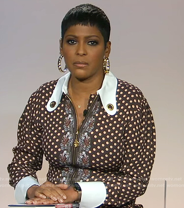 Tamron's brown polka dot dress on Tamron Hall Show