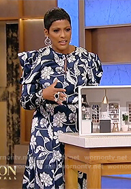 Tamron's blue floral dress on Tamron Hall Show