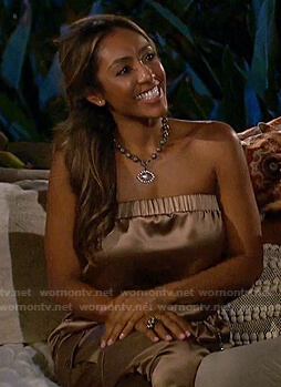 Tayshia's mocha strapless jumpsuit on The Bachelorette